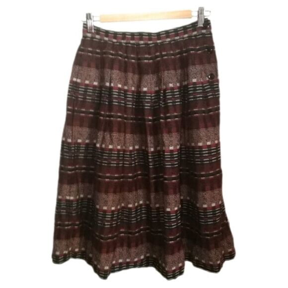 Vintage JAEGER Stripes Red & Black Pleated Wool Midi Skirt Size Medium - Picture 1 of 12
